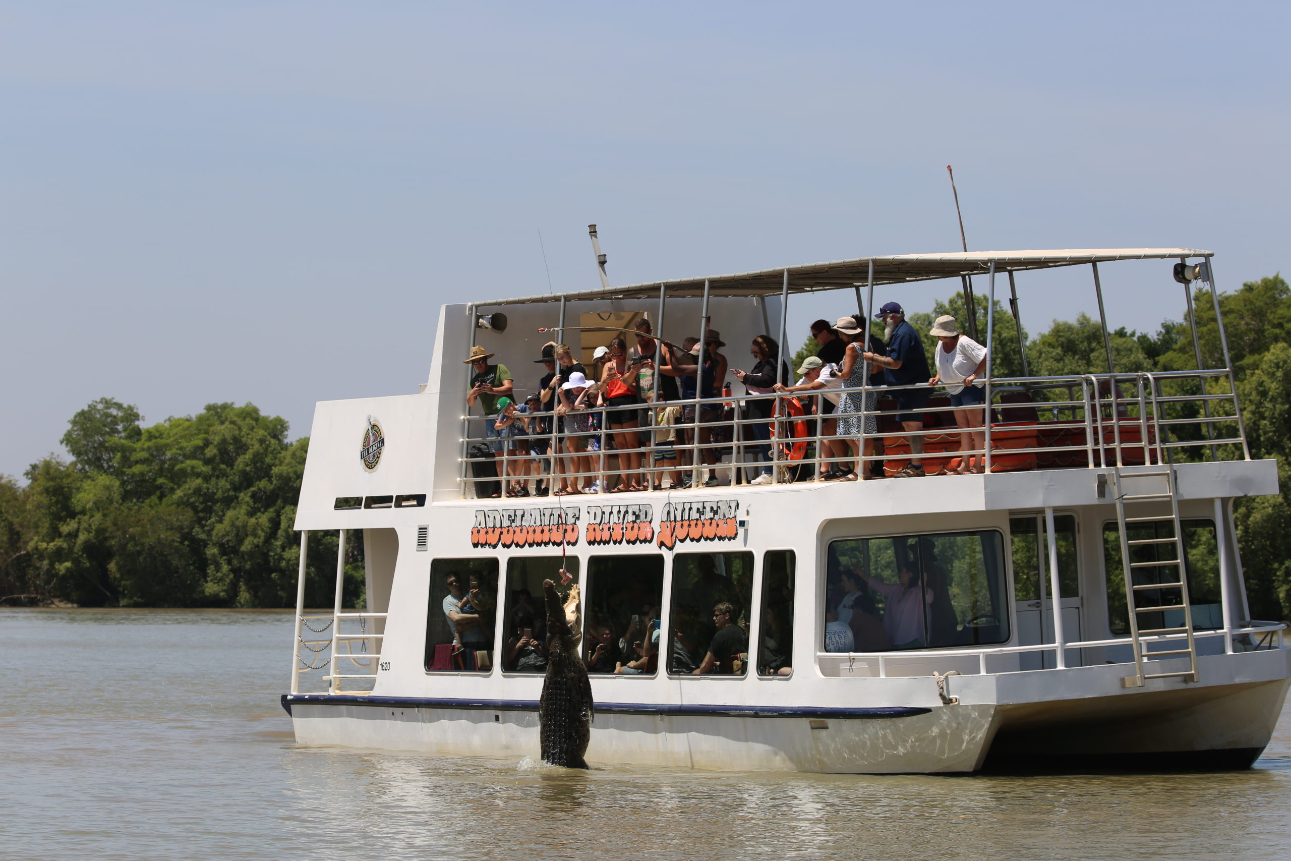 a boat full of guests on a river